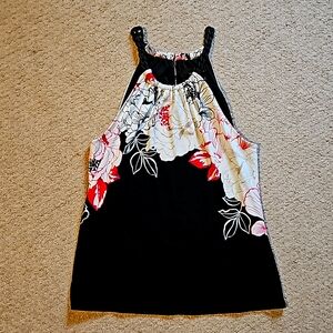 White House Black Market Black Floral Halter Tank with White and Red Accents